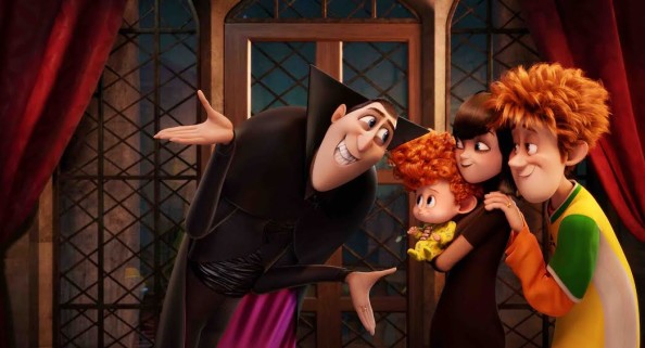 Dracula (Adam Sandler), Dennis (Asher Blinkoff), Mavis (Selena Gomez) and Jonathan (Andy Samberg) in Columbia Pictures and Sony Pictures Animation's HOTEL TRANSYLVANIA 2.