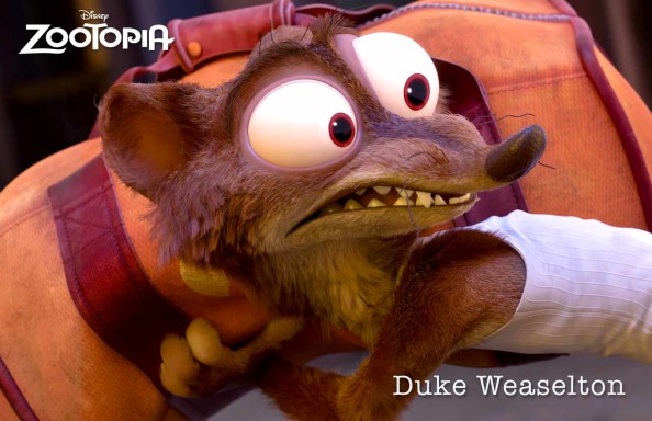 ZOOTOPIA – DUKE WEASELTON, a small-time weasel crook with a big-time weasel mouth, who tries to give Judy the slip during a police chase. ©2015 Disney. All Rights Reserved.