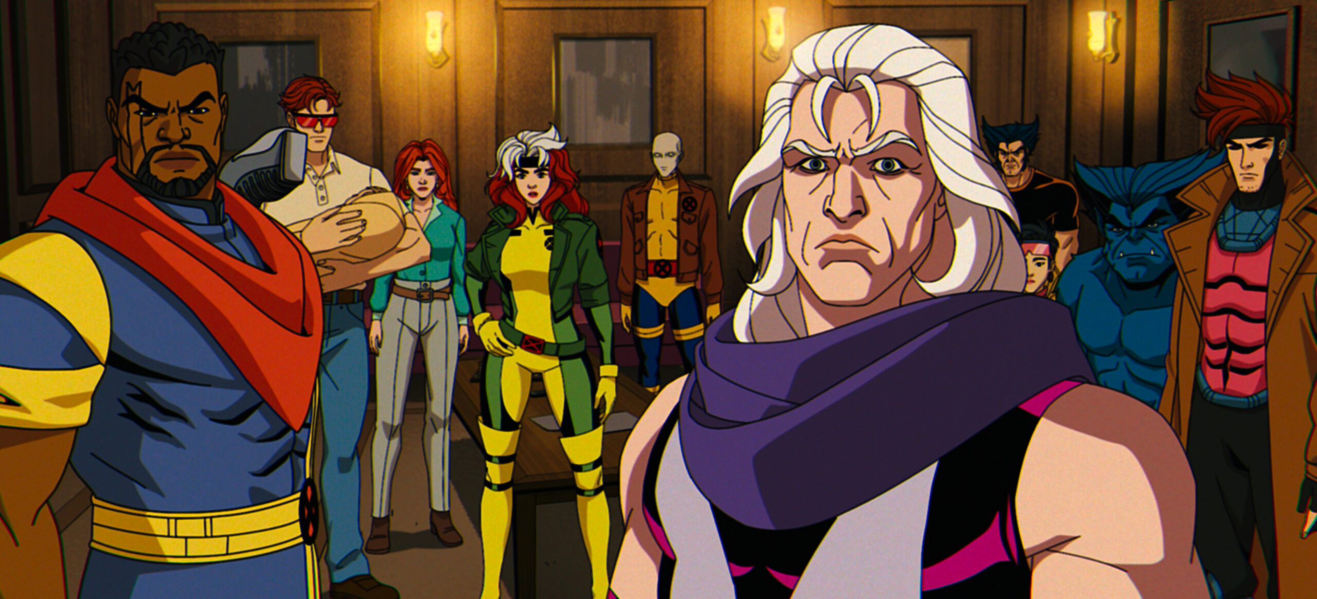 (L-R): Bishop (voiced by Isaac Robinson-Smith), Cyclops (voiced by Ray Chase), Jean Grey (voiced by Jennifer Hale), Rogue (voiced by Lenore Zann), Morph (voiced by JP Karliak), Magneto (voiced by Matthew Waterson), Wolverine (voiced by Cal Dodd), Jubilee (voiced by Holly Chou), Beast (voiced by George Buza), and Gambit (voiced by AJ LoCascio) in Marvel Animation's X-MEN '97. Photo courtesy of Marvel Animation. © 2024 MARVEL.