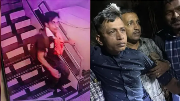 Left: Image from CCTV footage showing the attacker Shariful Islam Shehzad Mohammad Rohilla fleeing Saif Ali Khan's apartment building after stabbing him Right: Shariful arrested by the Mumbai police