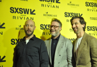 Seth Rogen (center) and friends, including writing partner Evan Goldberg (far left) on the Red Carpet on March 7 at SXSW. ("The Studio" streams on Apple Plus beginning March 26th). (Photo by Connie Wilson)