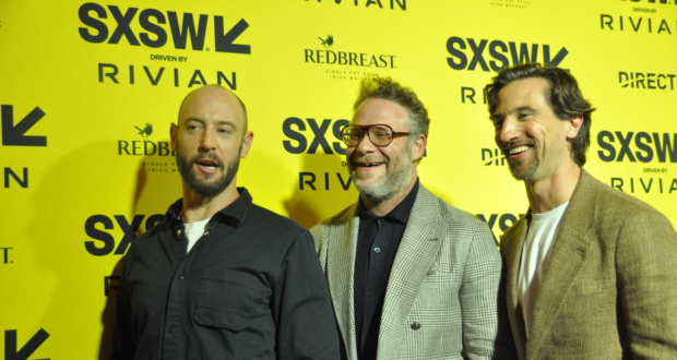 Seth Rogen (center) and friends, including writing partner Evan Goldberg (far left) on the Red Carpet on March 7 at SXSW. ("The Studio" streams on Apple Plus beginning March 26th). (Photo by Connie Wilson)